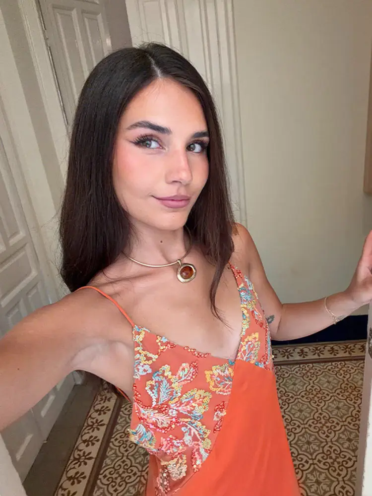 Sexy Women's Sequined Flower Long Orange Sling Dress Deep V Neck Sleeveless Backless Dresses 2026 Summer Holiday Party Robes New - Image 5