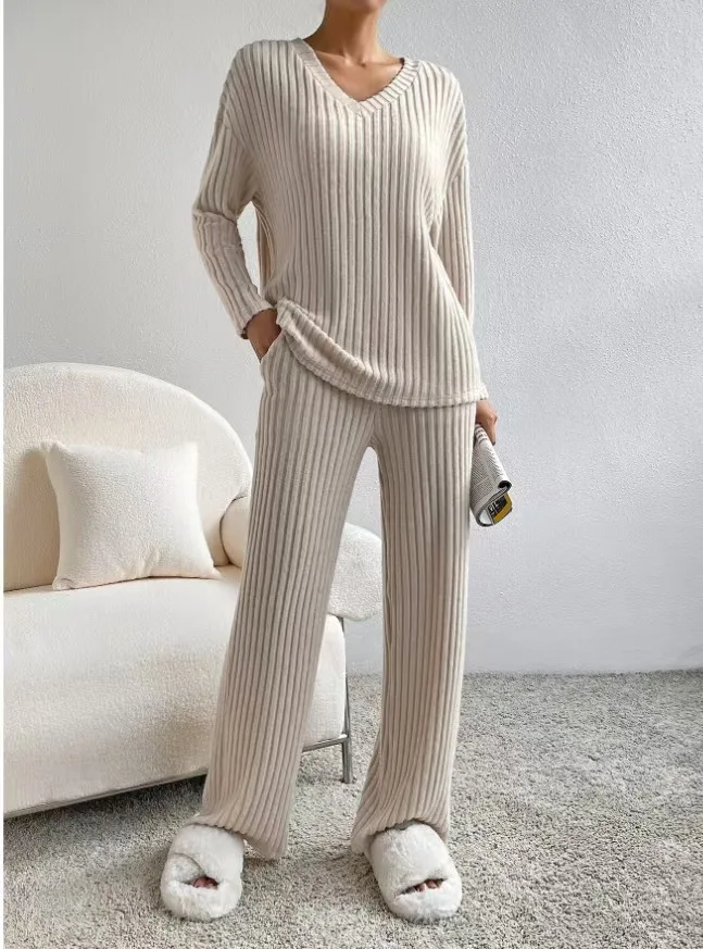 Fashionable Knitted Two-Piece Set Casual V-Neck Long Pants Autumn Winter New Style Loose Fit Korean Style Comfortable Polyester - Image 12