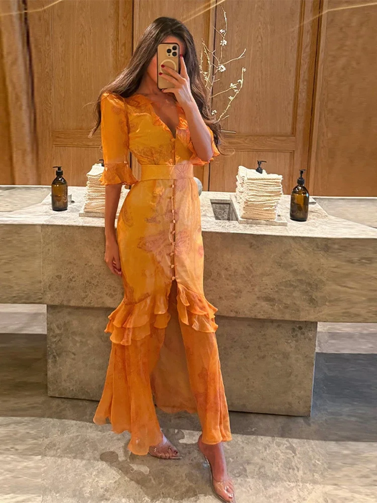 Organza Floral Printed Maxi Dress Women V Neck High Split Puff Sleeve Waist Cinching Ruffle Long Dresses Vacation Summer Outfits - Image 3