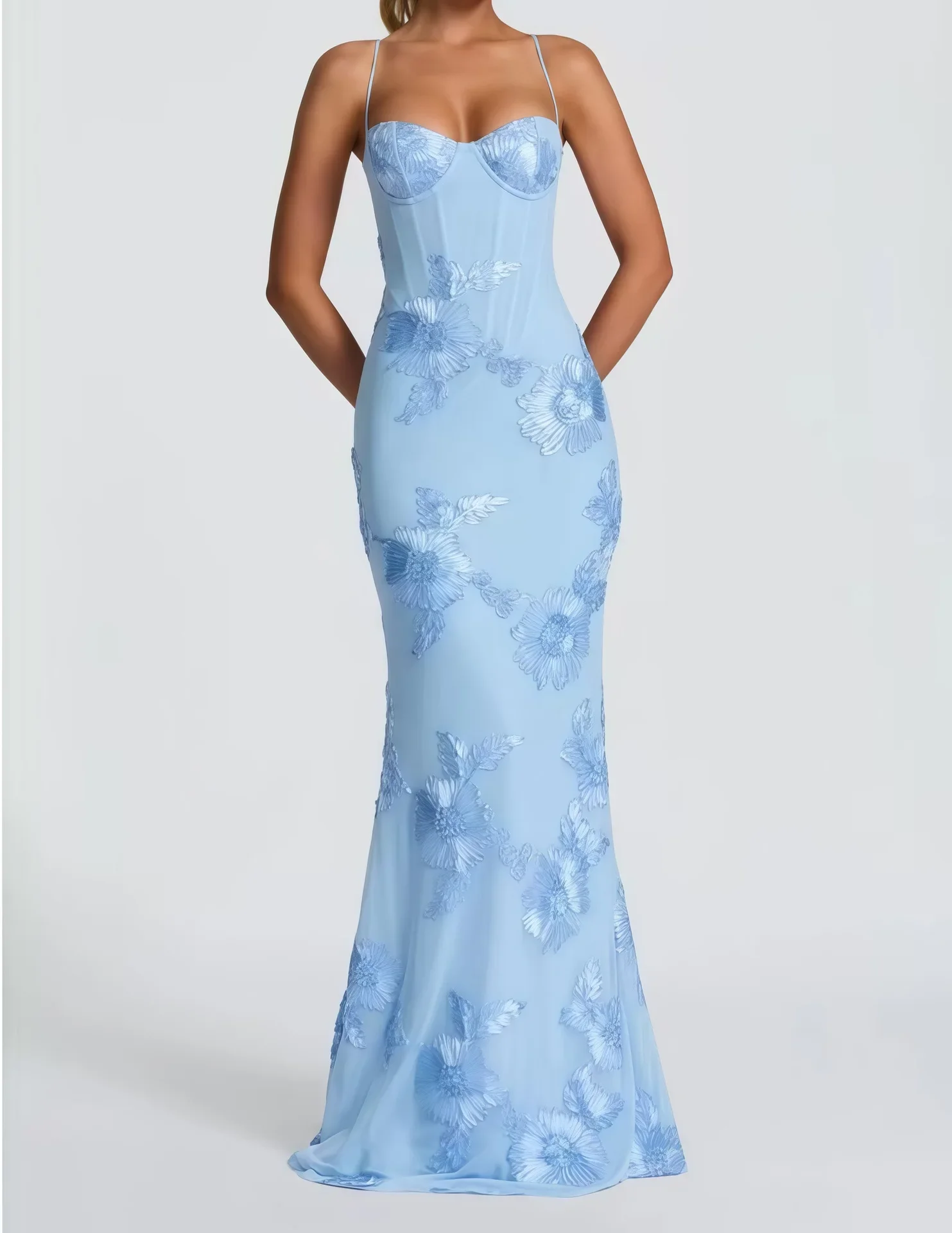 Elegant Women 3d Embroidery Floral Long Dress Women Backless Cross Tied Spaghetti Strap Robe Slim Floor Length Evening Dresses - Image 9