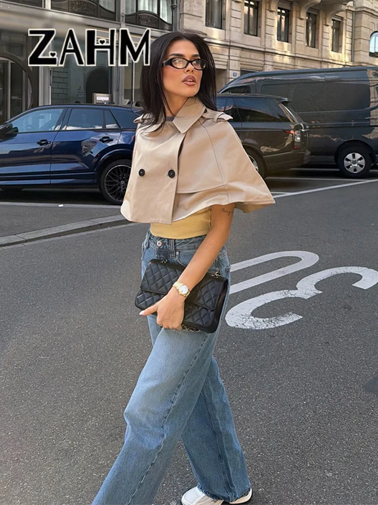Casual Solid Women's Cope Turn-Down Collar Double Button Solid Lady Cloak 2026 Spring Summer Fashion Female Street Crop Tops New - Image 5