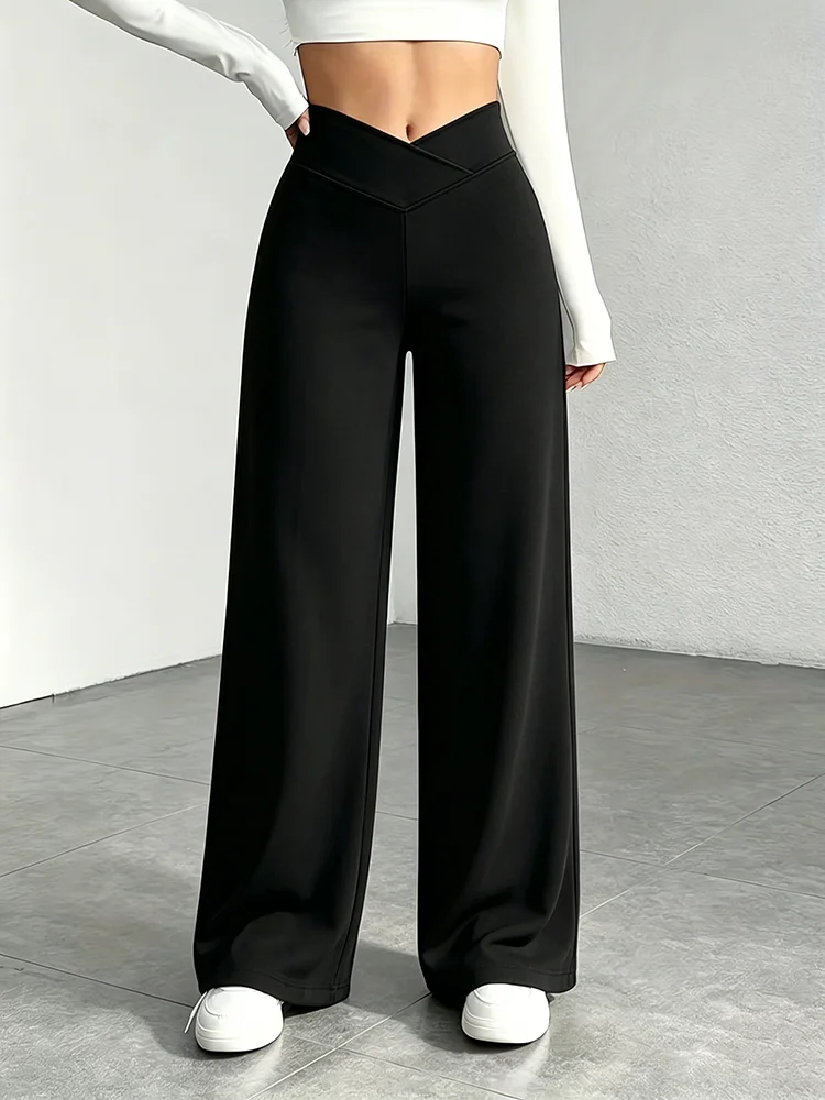 Lady's Black Cross-Waist Wide-Leg Pants, High-Waisted Abdominal-Reducing Casual Yoga Pants, Medium Stretch, Straight-Leg Style - Image 3