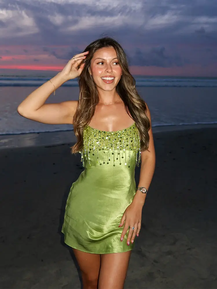 Fashion Sequin Fringe Mini Dress Sexy Spaghetti Strap Satin Slip Dresses Cocktail Party Club Vestido 2026 New Y2k Women Clothing - Image 2