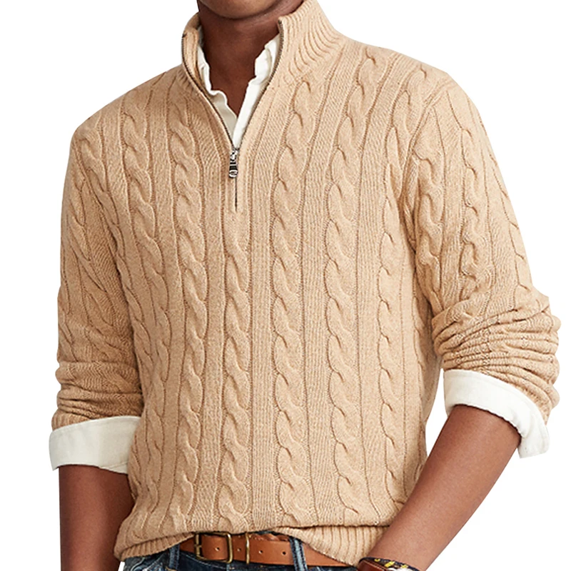pure Cotton Sweaters Men's High Quality Autumn Cable Knit Christmas Sweater With Zipper Turtleneck Pullovers Zipper Pull Homme - Image 2