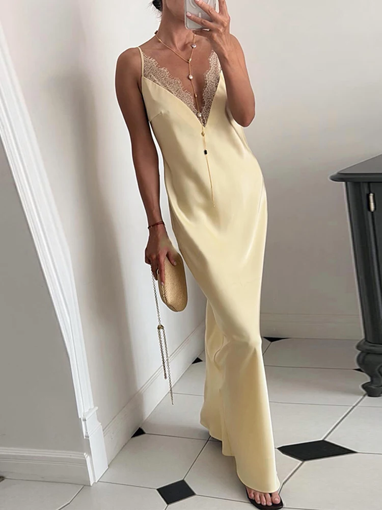 Elegant Lace Satin Spliced Women's Summer Dress Loose V-neck Sleeveless Backless Long Sundress 2026 Lady Chic Beach Party Robes - Image 4