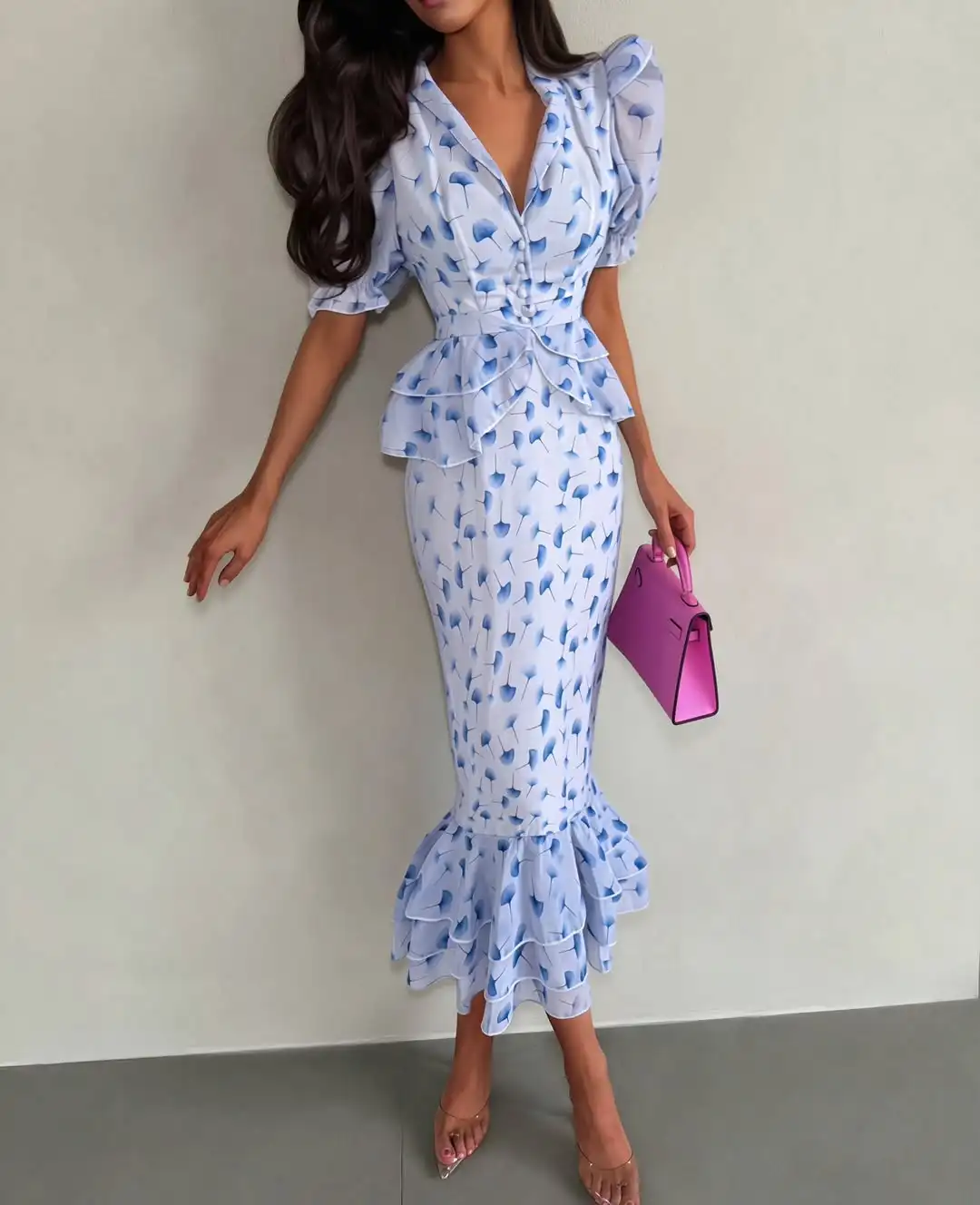 Organza Floral Printed Maxi Dress Women V Neck High Split Puff Sleeve Waist Cinching Ruffle Long Dresses Vacation Summer Outfits - Image 12
