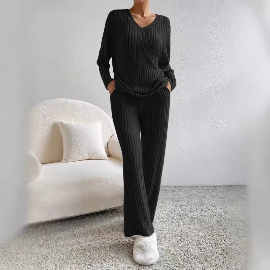 Fashionable Knitted Two-Piece Set Casual V-Neck Long Pants Autumn Winter New Style Loose Fit Korean Style Comfortable Polyester