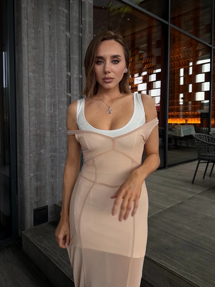 Mesh Overlay Lace Hem Slip Midi Dress Slim Spaghetti Strap Sheer 2026 Summer Elegant Women Bodycon Dress Retro Date Lady Gown - Image 2