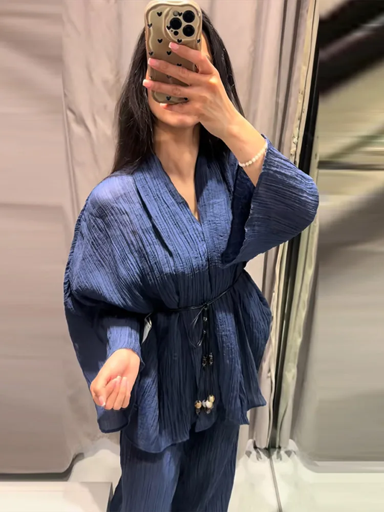Sheer Striped V-Neck Wrap Loungewear Set with Belt Kimono Sleeve Wrap Wide-Leg Pants 2026 Summer Casual Women Loungewear Outfits - Image 2