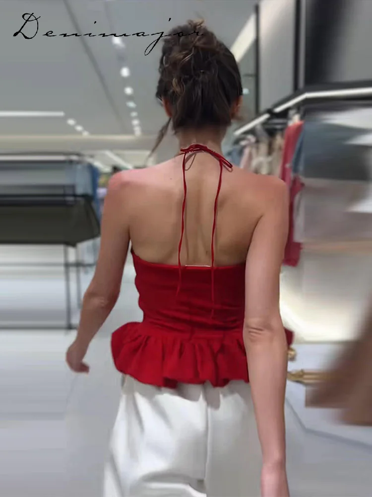 Fashion Red Ruffle Hem Sling Top Women's Sleeveless Lace Up Slim Blouse 2026 Summer New Lady Casual Beach Vacation Cami - Image 3