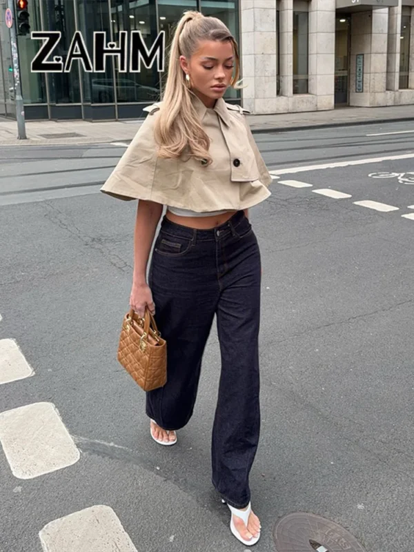 Sc1e7ec29a51e4274b5bab7fdcb9462282.webp Casual Solid Women's Cope Turn-Down Collar Double Button Solid Lady Cloak 2026 Spring Summer Fashion Female Street Crop Tops New