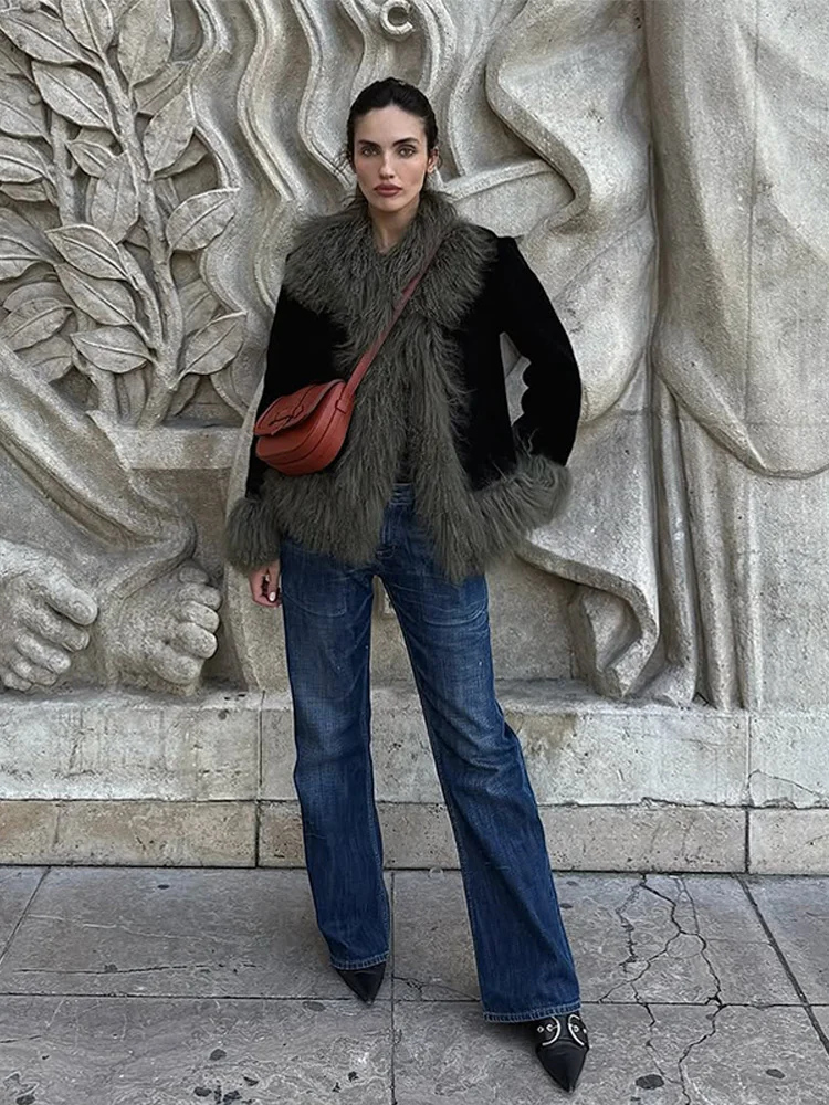 Vintage Patchwork Women's Faux Fur Trim Coat Urban Lapel Full Sleeve Female Jacket Female 2026 Autumn Winter Lady Streetwear New - Image 4