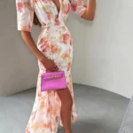 Women Chic Pink Floral Print Maxi Vestido Elegant V Neck Ruffle Trim Flare Sleeve Ruched High Chiffon Dress 2026 Party Outfit