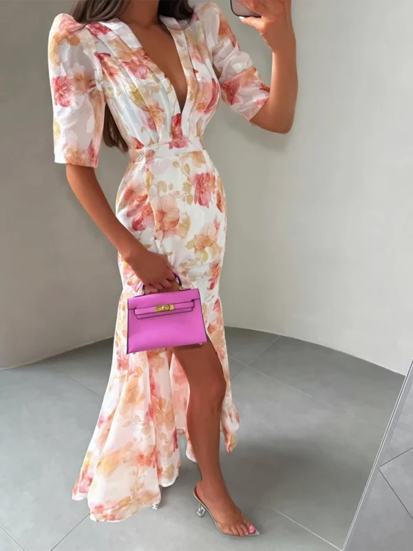 Women Chic Pink Floral Print Maxi Vestido Elegant V Neck Ruffle Trim Flare Sleeve Ruched High Chiffon Dress 2026 Party Outfit