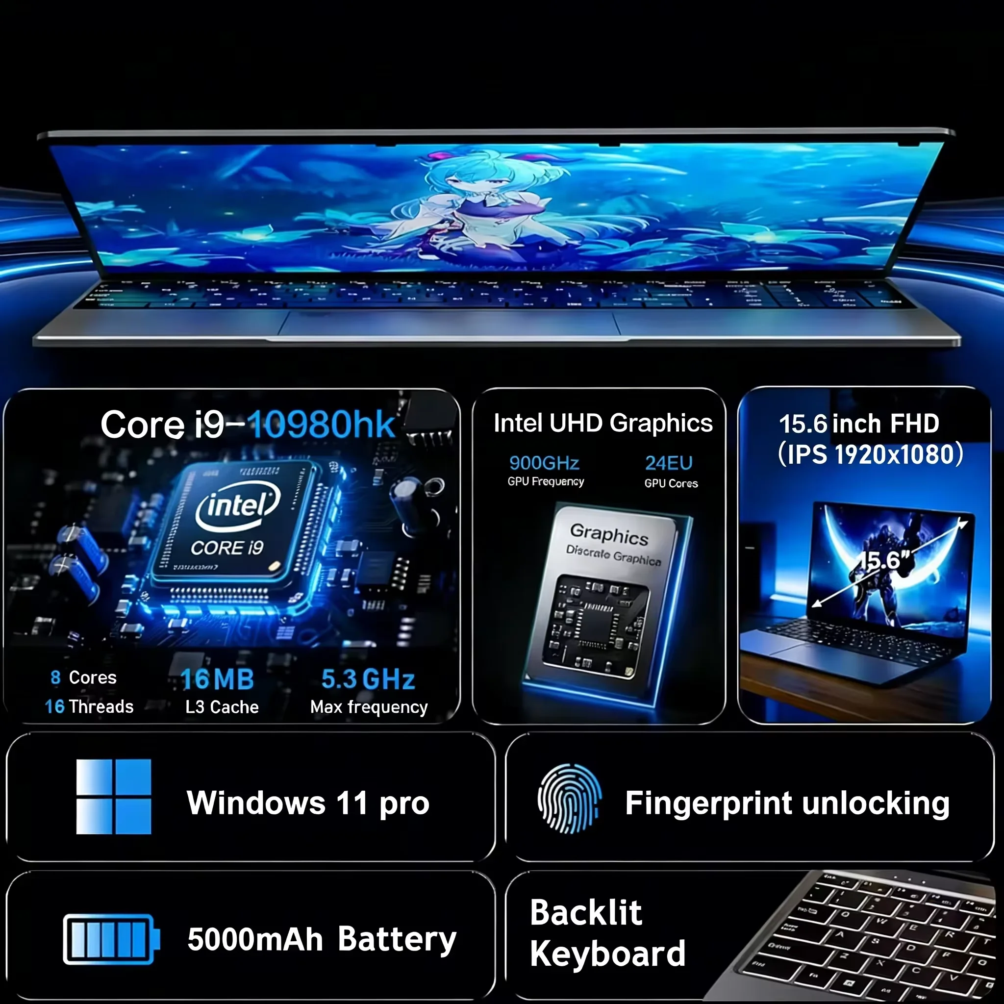 Core i9-10980HK Laptop 16GB RAM 1TB/2TB SSD Backlit Keyboard Fingerprint Unlocking Function Gaming and Business Dual Use Laptop - Image 2