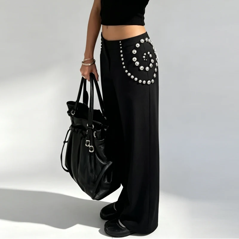 Studs Women Pants Solid Color Pants with Spiral Arranged Studs High Waist Straight Leg Pants Stylish Ladies Outfit Street Style - Image 3