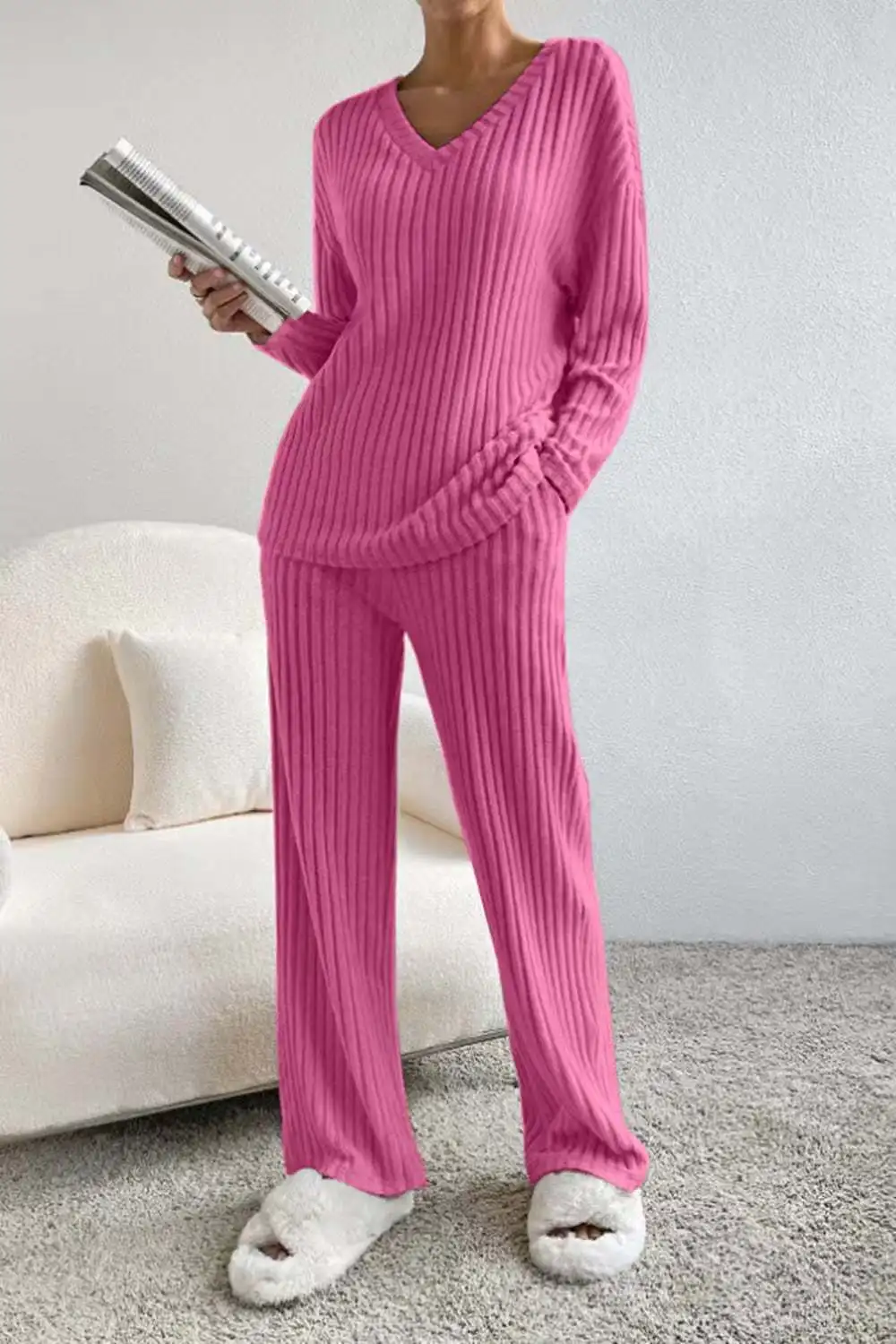 Fashionable Knitted Two-Piece Set Casual V-Neck Long Pants Autumn Winter New Style Loose Fit Korean Style Comfortable Polyester - Image 8