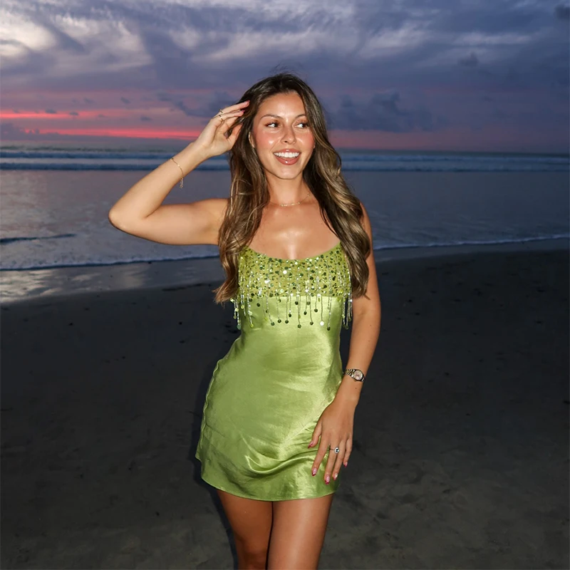 Fashion Sequin Fringe Mini Dress Sexy Spaghetti Strap Satin Slip Dresses Cocktail Party Club Vestido 2026 New Y2k Women Clothing - Image 7