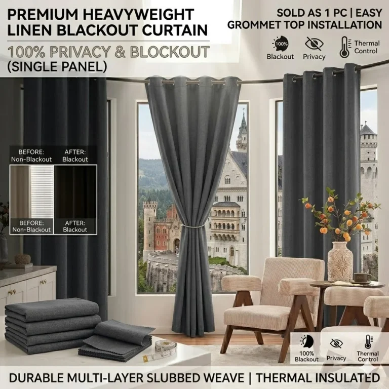 Jinchan Single Panel Faux Linen Blackout Curtain, Metal Grommet Top Room Darkening Drapes, Thermal Insulated Shield(Grey/Beige)