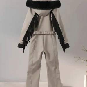 Women  Fur Collar Hooded Skiwear Fashion Solid Thicken Zipper High Waist Slim Outdoor Overalls Jumpsuit  Lady Winter Outwear
