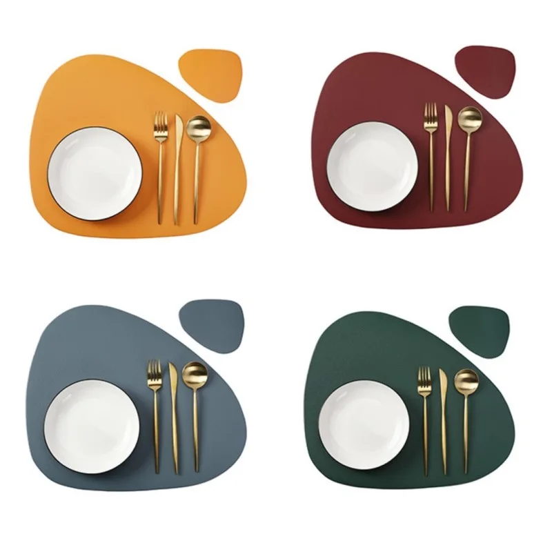Scc6b9b880c7048a888387de45867e973C.webp Inyahome Irregular Shape PU Leather Placemats Set Oil-Proof Waterproof for Kitchen Tables Bistro Tables Bars Coffee Shops Hotels