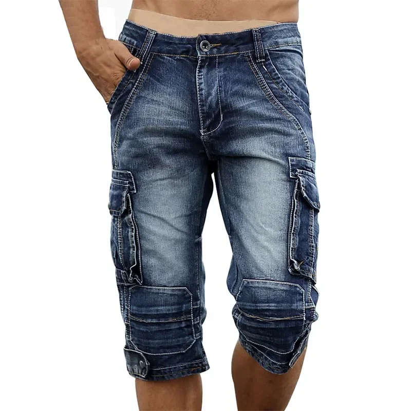 Men's Fashion Cargo Denim Shorts with Multi Pockets Slim Fit Military Jeans Shorts for Male Washed - Image 3