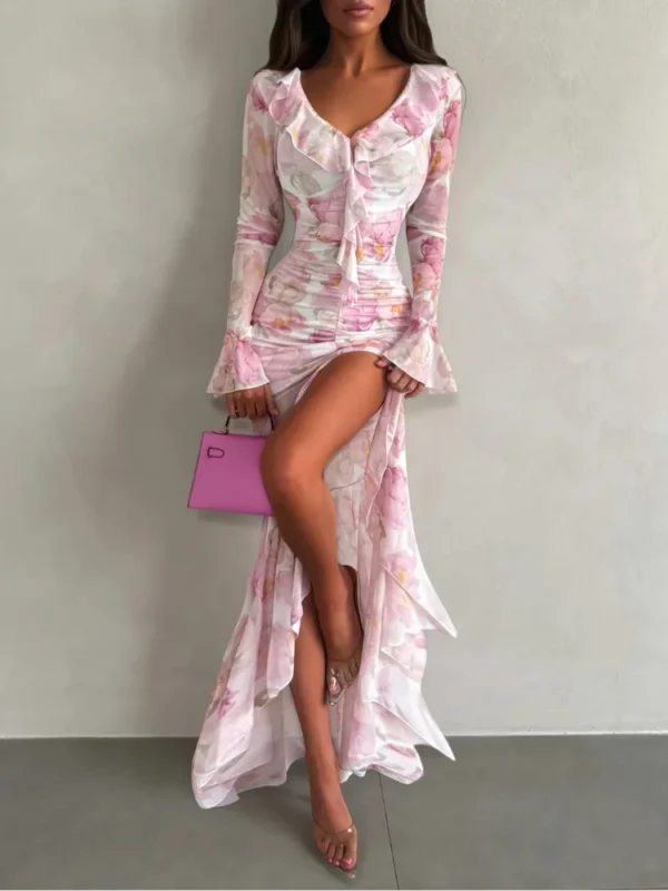 Women Chic Pink Floral Print Maxi Vestido Elegant V Neck Ruffle Trim Flare Sleeve Ruched High Chiffon Dress 2026 Party Outfit