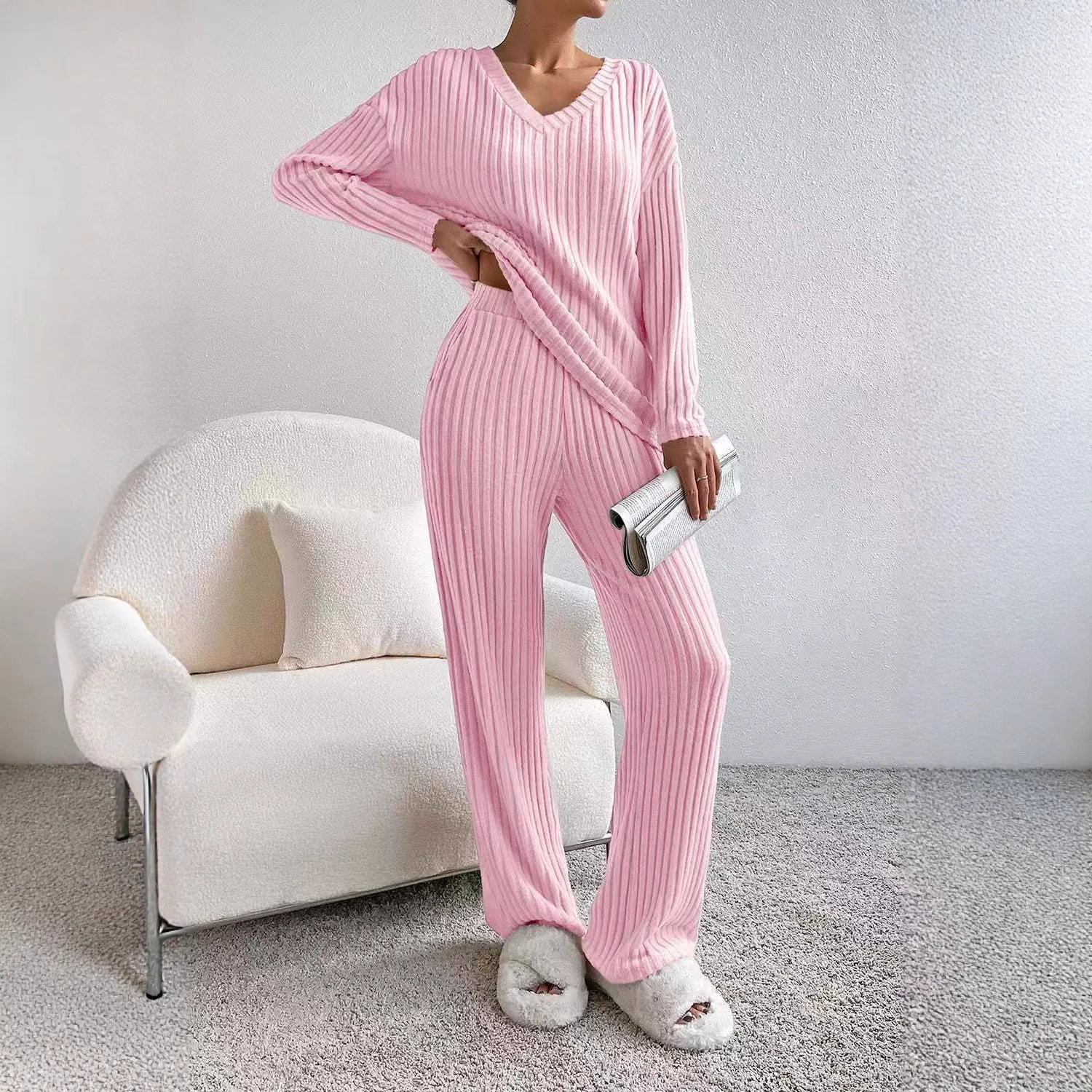 Fashionable Knitted Two-Piece Set Casual V-Neck Long Pants Autumn Winter New Style Loose Fit Korean Style Comfortable Polyester - Image 3