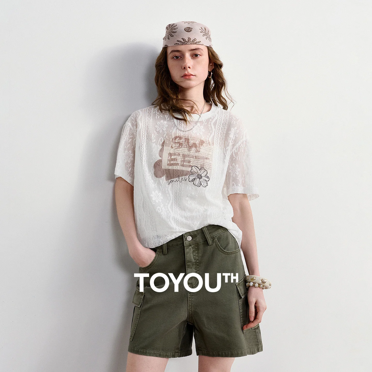 TOYOUTH Women Lace Sheer T-Shirt 2026 Summer New Letter Flower Print Loose Drop Shoulder Fashion Pullover Tops