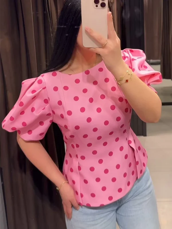 TFMLN Women's Sweet Blouse 2026 Street Chic O Neck Tee Female Summer Casual Vintage Polka Dot Puff Short Sleeve Tops New