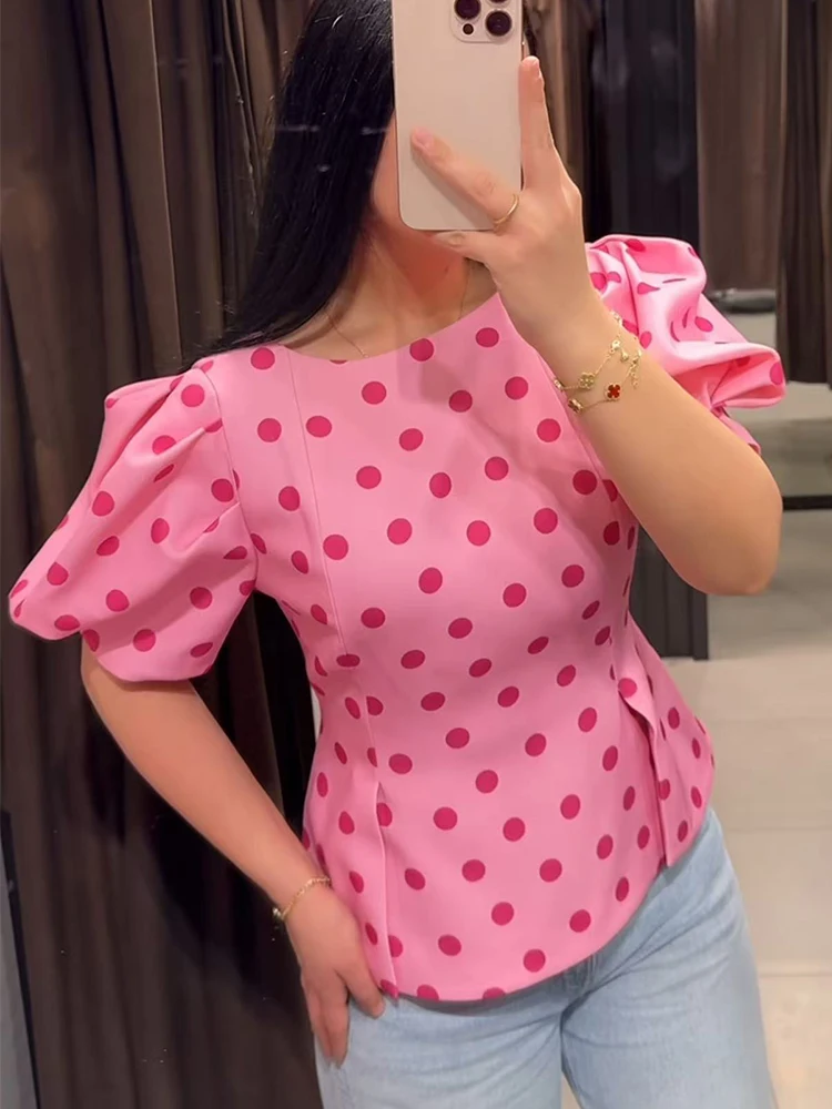 TFMLN Women's Sweet Blouse 2026 Street Chic O Neck Tee Female Summer Casual Vintage Polka Dot Puff Short Sleeve Tops New
