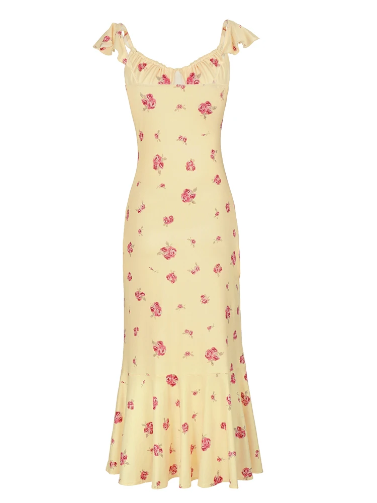 Organza Floral Printed Maxi Dress Women V Neck High Split Puff Sleeve Waist Cinching Ruffle Long Dresses Vacation Summer Outfits - Image 17
