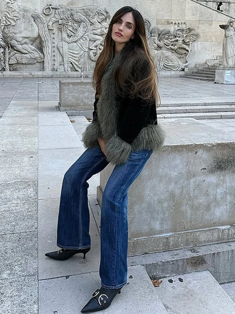 Vintage Patchwork Women's Faux Fur Trim Coat Urban Lapel Full Sleeve Female Jacket Female 2026 Autumn Winter Lady Streetwear New - Image 6