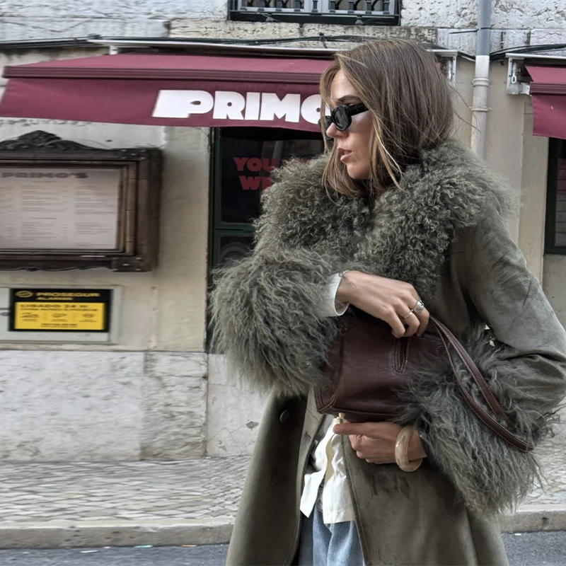 Vintage Patchwork Women's Faux Fur Trim Coat Urban Lapel Full Sleeve Female Jacket Female 2026 Autumn Winter Lady Streetwear New - Image 8