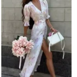 Women Chic Pink Floral Print Maxi Vestido Elegant V Neck Ruffle Trim Flare Sleeve Ruched High Chiffon Dress 2026 Party Outfit