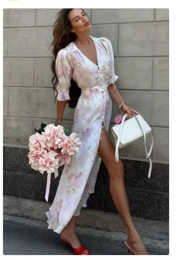 Women Chic Pink Floral Print Maxi Vestido Elegant V Neck Ruffle Trim Flare Sleeve Ruched High Chiffon Dress 2026 Party Outfit