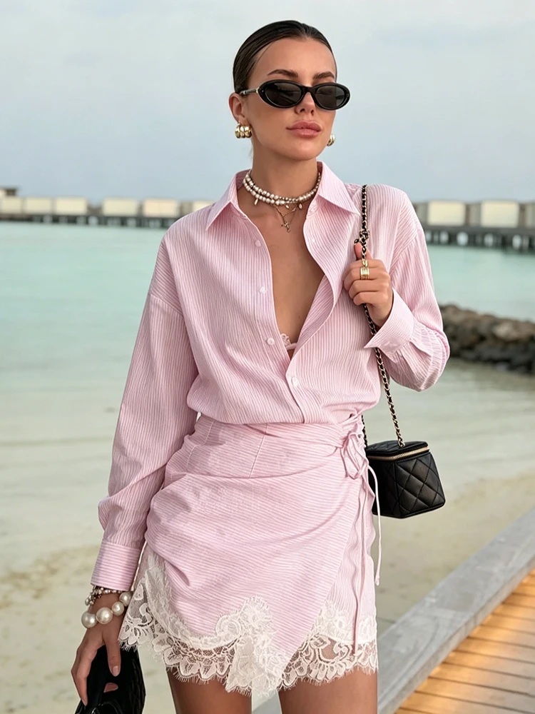 Striped Mini Dress Women Lapel Single Breasted Long Sleeves Lace Patchwork Waistband Robe Female 2026 Summer Beach Vacation Sets - Image 5