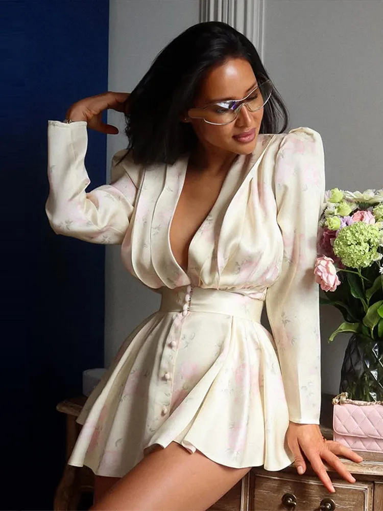 Casual Printed Mini Dress Women Full Sleeve Button V-neck Lady Short Dresses Waist Tape 2026 Spring Summer Female Robe Beach - Image 3