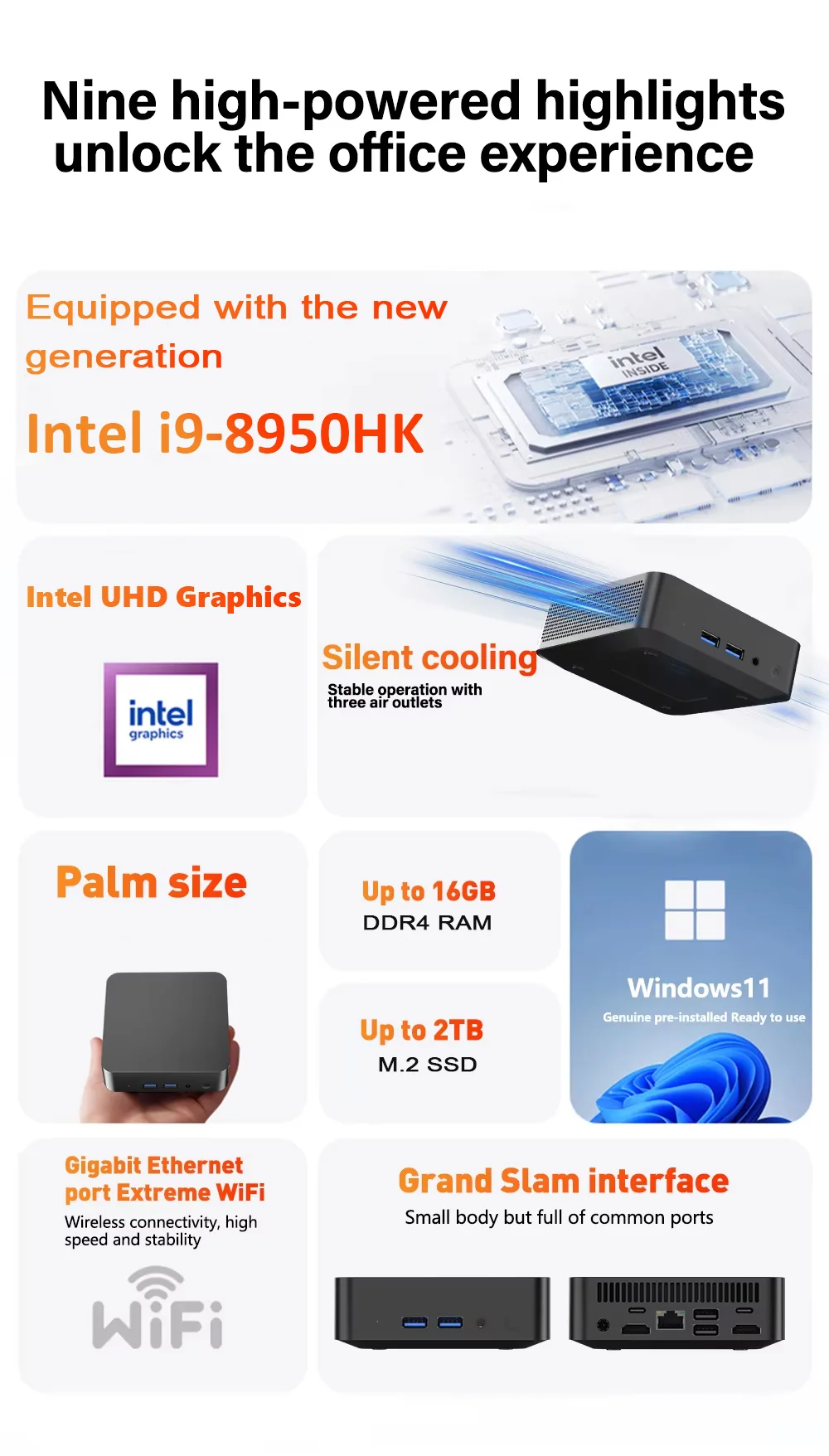 Brand New Mini PC Intel Core i9-8950HK 16GB RAM 1/2TB SSD Bluetooth 5.2 WiFi6 1000M Ethernet Windows 11 Gaming Office PC - Image 3