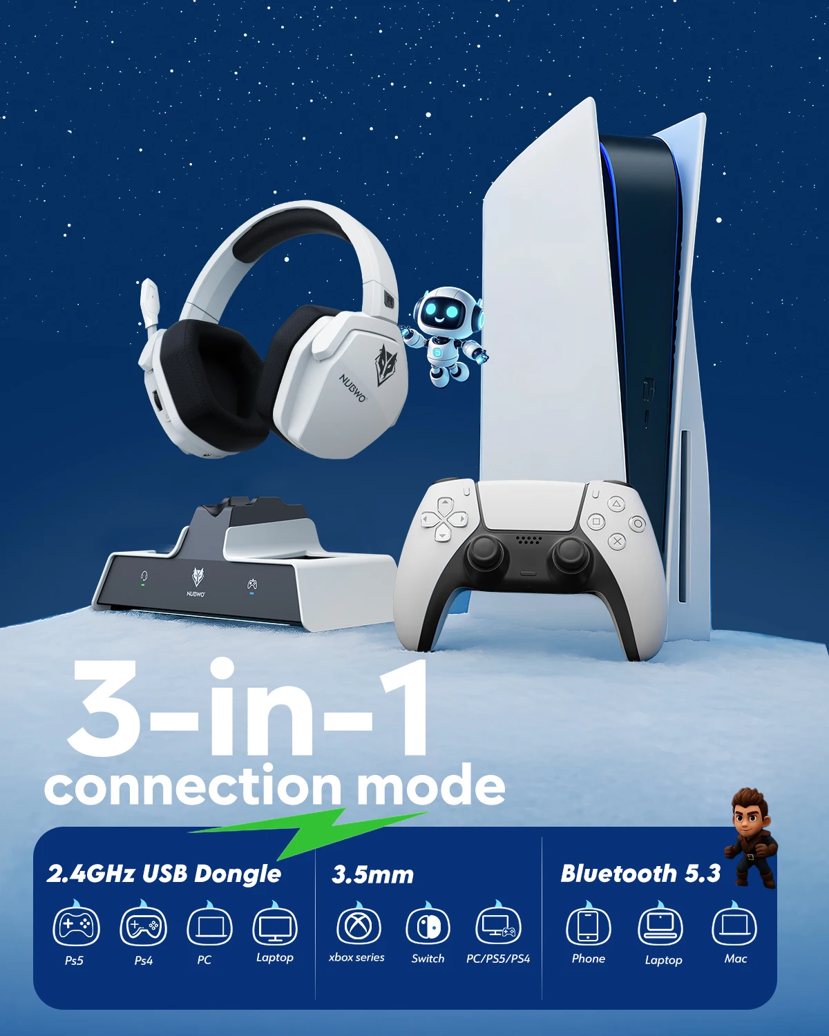 NUBWO G06 Wireless Headsets Gamer with Charging Station for Headset and PS5 Controller Gaming Headphones Long Battery Life - Image 4