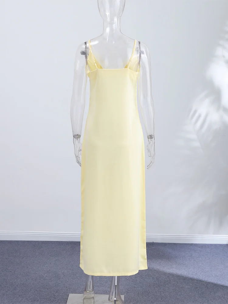 Summer Satin Lace Spliced Long Dress Women V Neck Sleeveless Waist Cinching Strap Dresses 2026 Lady Casual Solid Party Robe - Image 6