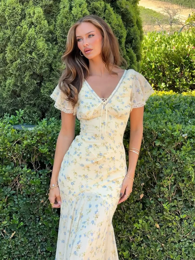 Vintage Print High Neck Midi Dress Belted Waist Bell Sleeve Flared Hem 2026 Summer Spring Chic Women Elegant Wedding Guest Gown - Image 4