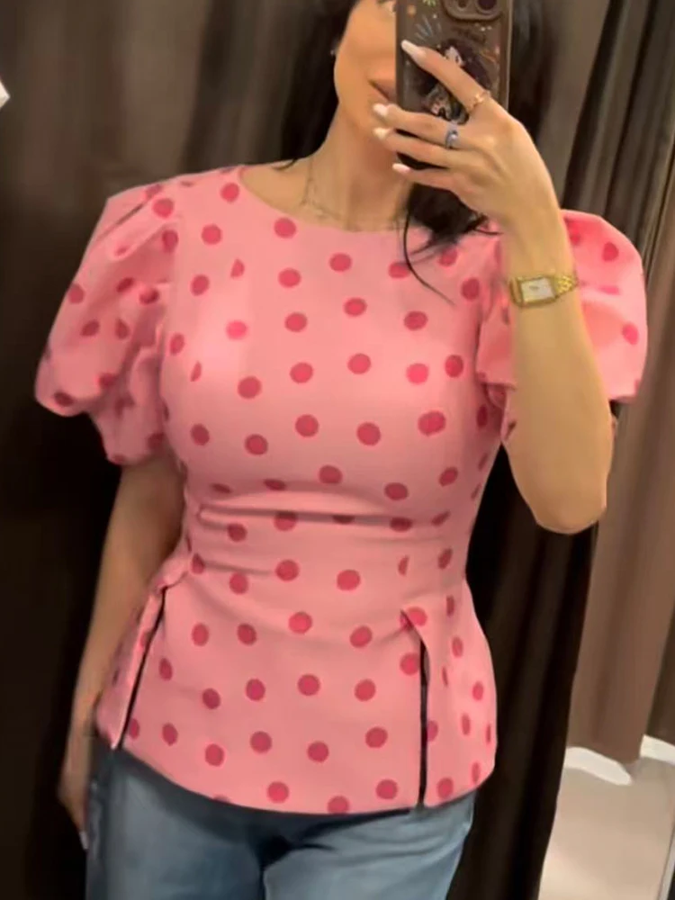 TFMLN Women's Sweet Blouse 2026 Street Chic O Neck Tee Female Summer Casual Vintage Polka Dot Puff Short Sleeve Tops New - Image 3