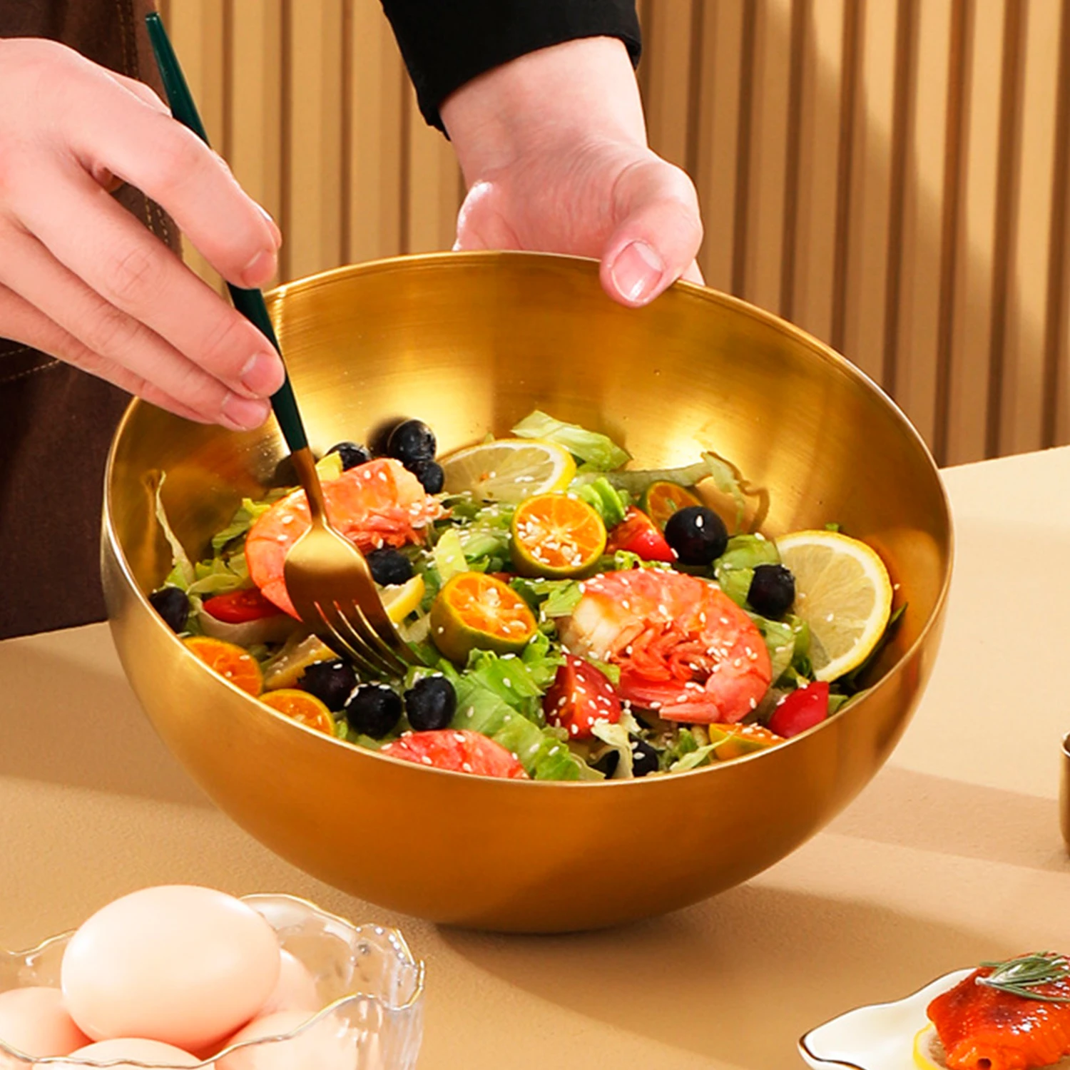 Se3328e00c58644999bc0364f6f7b7297s.webp Large Capacity Stainless Steel Salad Bowls Korean Soup Rice Noodle Ramen Bowl Kitchen Food Container,Gold,20X9CM