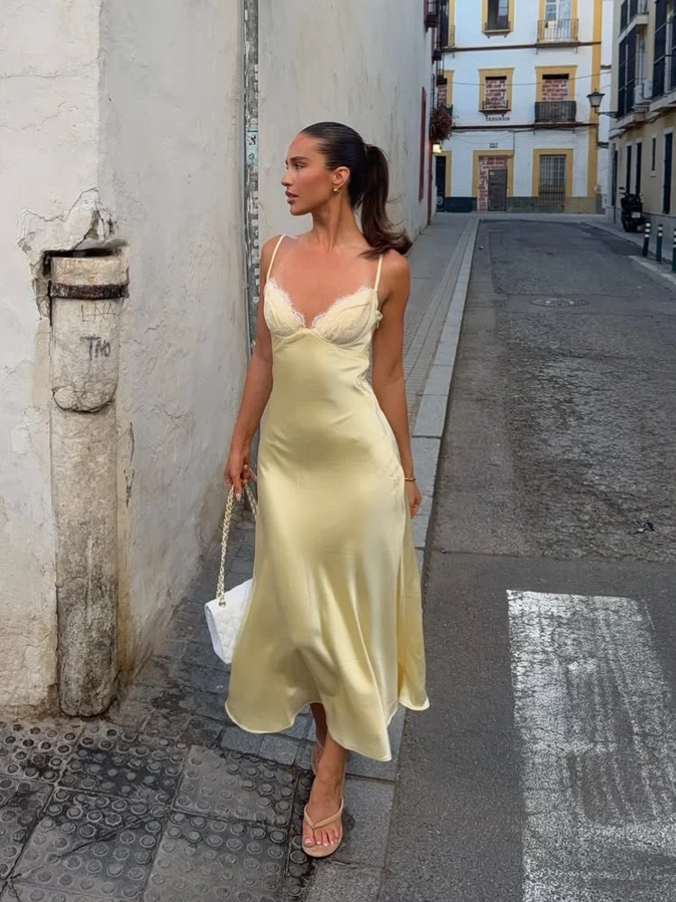 Satin Sexy Lace Spliced Maix Sling Dress Women Sleeveless Backless Yellow Vacation Vestidos 2026 Fashion Summer Lady Dresses - Image 4