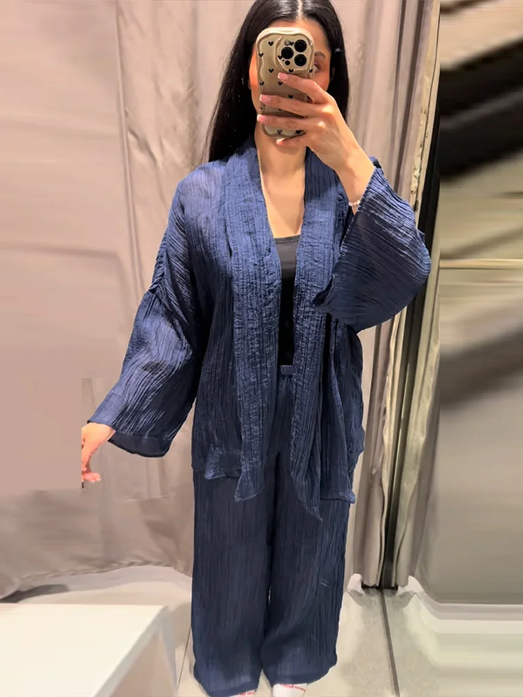 Sheer Striped V-Neck Wrap Loungewear Set with Belt Kimono Sleeve Wrap Wide-Leg Pants 2026 Summer Casual Women Loungewear Outfits - Image 6