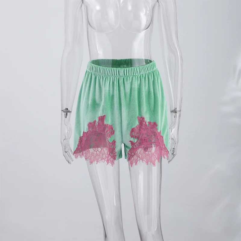 Green Velvet Lace Trim Shorts Women's Casual High-waist Straight Short Pants 2026 New Ladies Summer Vacation Beach Outfit - Image 7