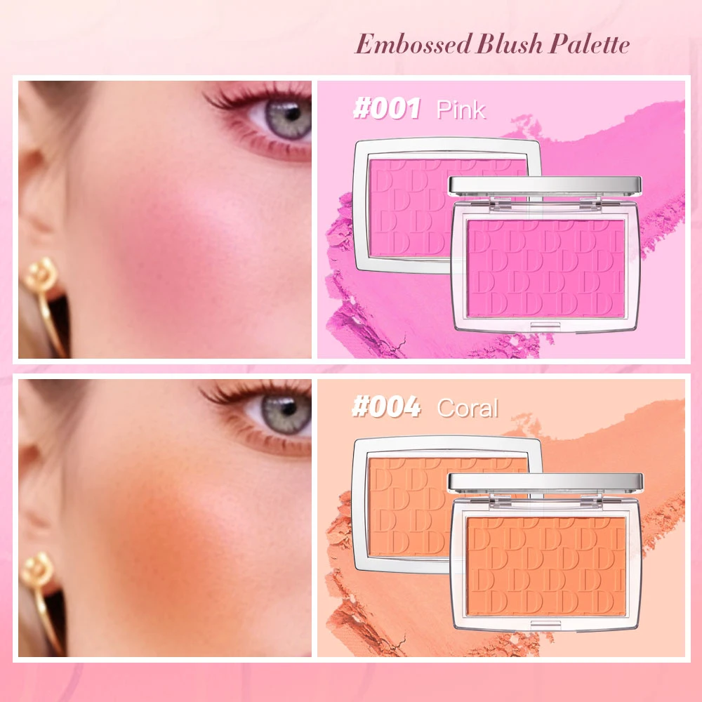Matte Embossed Blush Palette High Pigmented Pink Coral Cheek Blush Powder With Professional Makeup Brush - Image 3