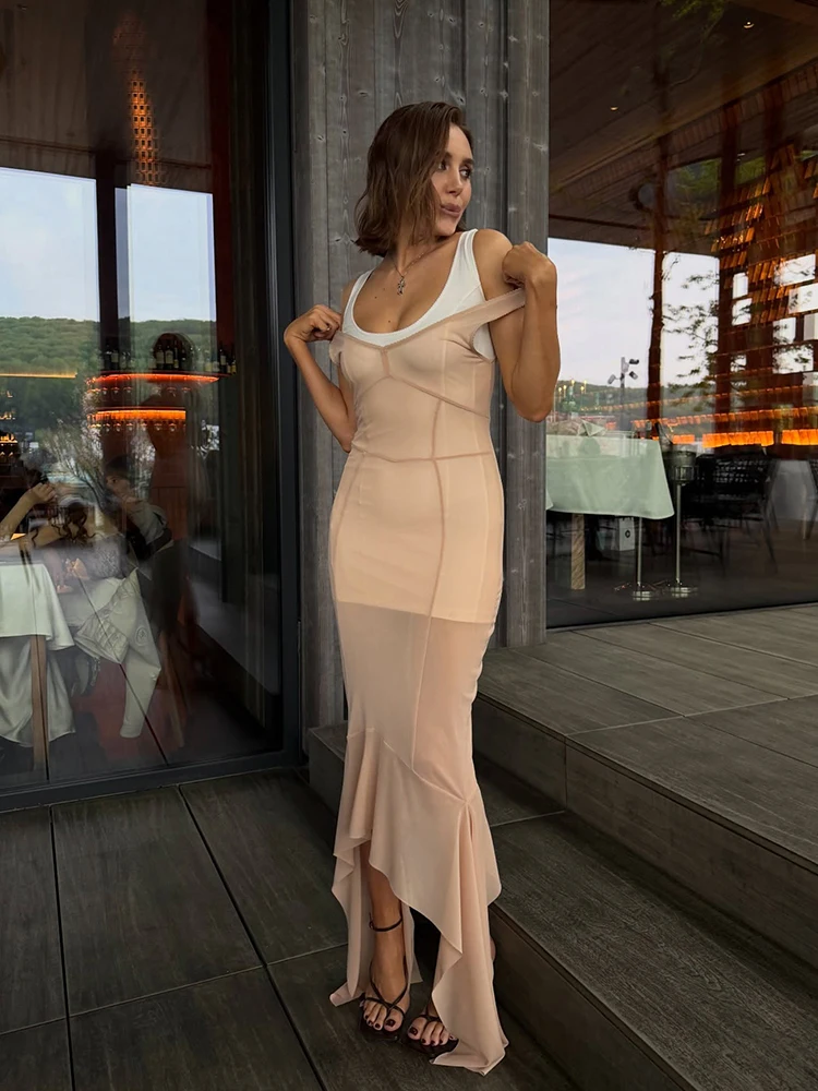 Mesh Overlay Lace Hem Slip Midi Dress Slim Spaghetti Strap Sheer 2026 Summer Elegant Women Bodycon Dress Retro Date Lady Gown - Image 4
