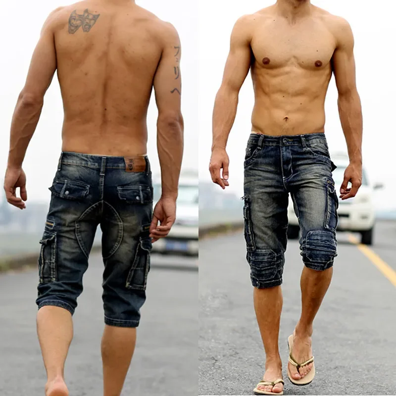 Men's Fashion Cargo Denim Shorts with Multi Pockets Slim Fit Military Jeans Shorts for Male Washed - Image 2